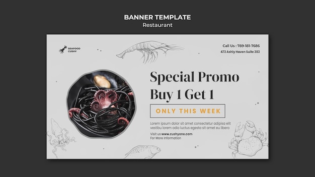 Free PSD banner template for seafood restaurant with mussels and noodles