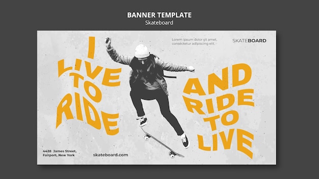 Banner template for skateboarding with woman