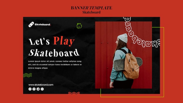 PSD gratuito modello di banner per lo skateboard con la donna