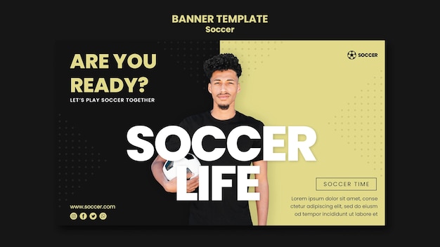 Modello di banner per il calcio con giocatore di sesso maschile