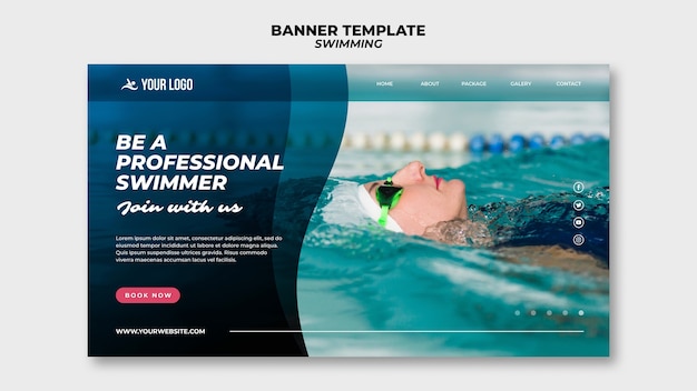 Banner template for swimming lessons with woman in the pool