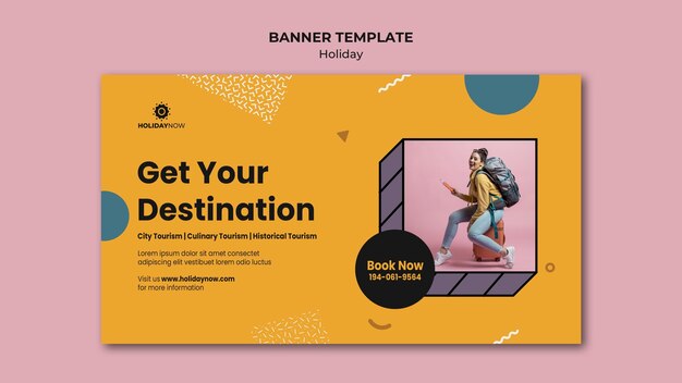 banner template for vacations with female backpacker