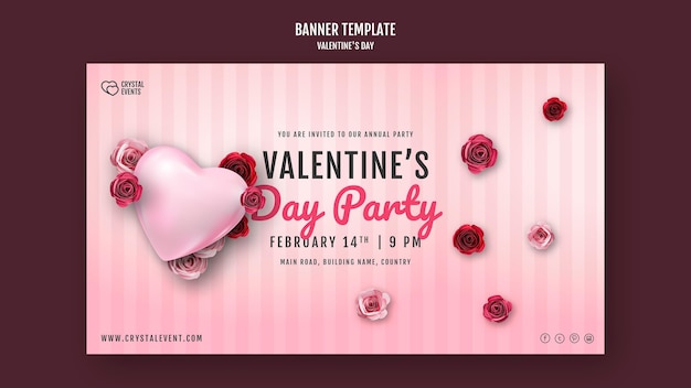 Banner template for valentine's day with heart and red roses