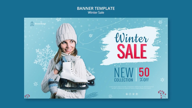 Modello di banner per la vendita invernale con donna e fiocchi di neve