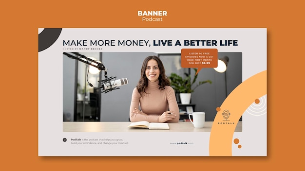 Banner template with female podcaster and microphone