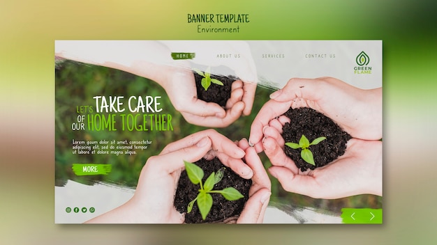 Free PSD banner template with multiple hands holding plants in soil