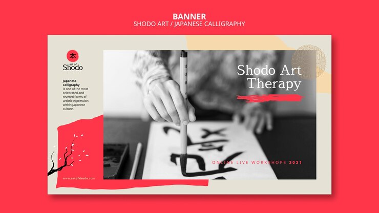 Free PSD banner template with woman practicing japanese shodo art