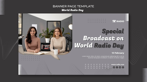 Banner template for world radio day with female broadcaster