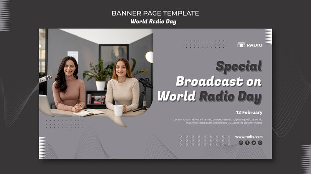 Banner template for world radio day with female broadcaster