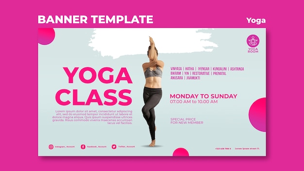 PSD gratuito modello di banner per lezione di yoga con donna