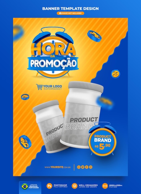 Banner time for promotion in brazil 3d render in brazil template design in portuguese