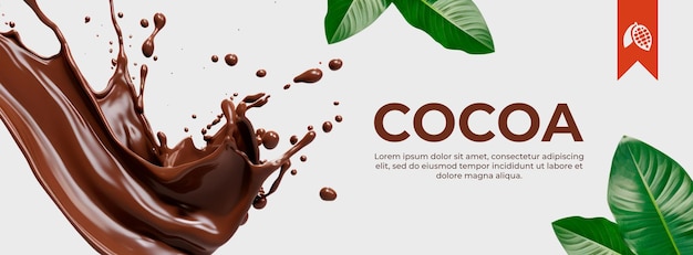 Banner with a background of leaves and cocoa splash on a white background