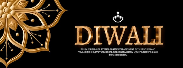 Free PSD banner with golden text over mandala and black background for diwali