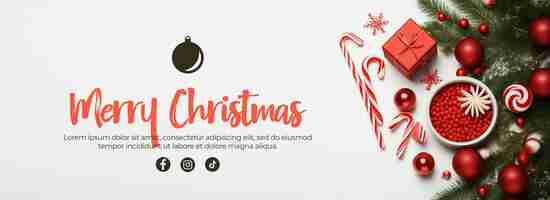 Free PSD banner with text and icon for with christmas decoration of twigs and candy canes on a white backgrou