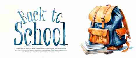 Free PSD banner with watercolour school bag illustration and text for back to school