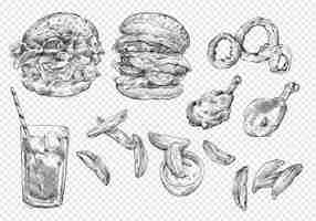 PSD gratuito set di illustrazioni di barbecue e ristoranti fast food con contorno nero su sfondo trasparente