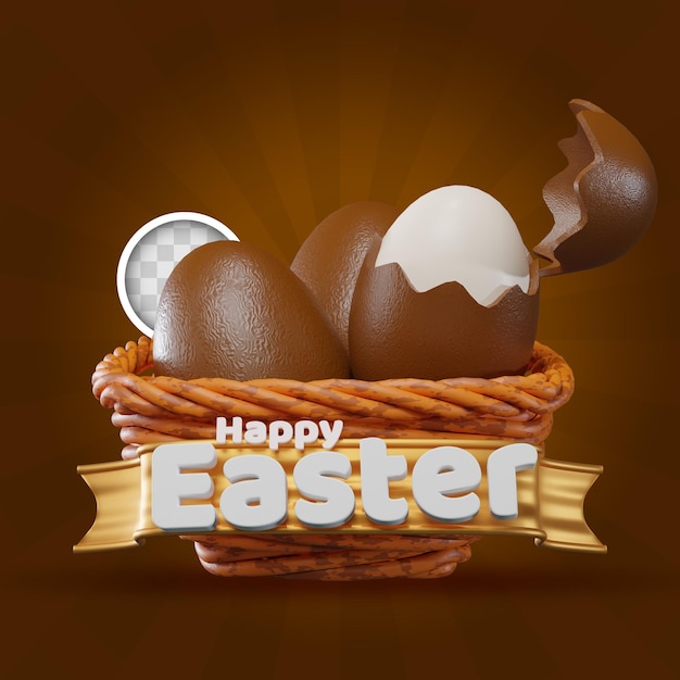 Free PSD basket of chocolate easter eggs 3d illustration