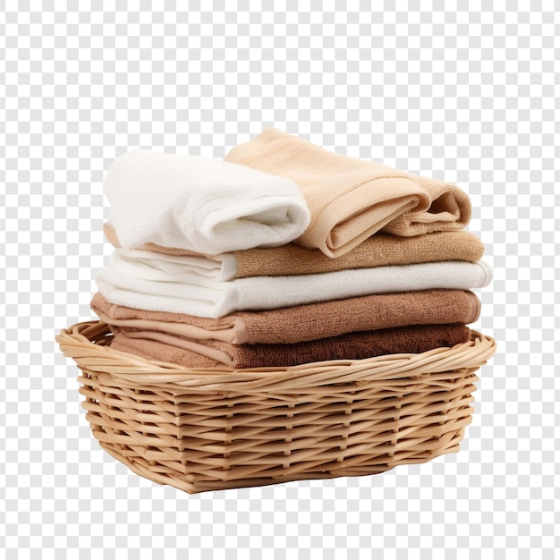 Basket of clean towels on a wooden table isolated on transparent background