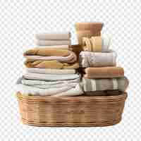 Free PSD basket of clean towels on a wooden table isolated on transparent background