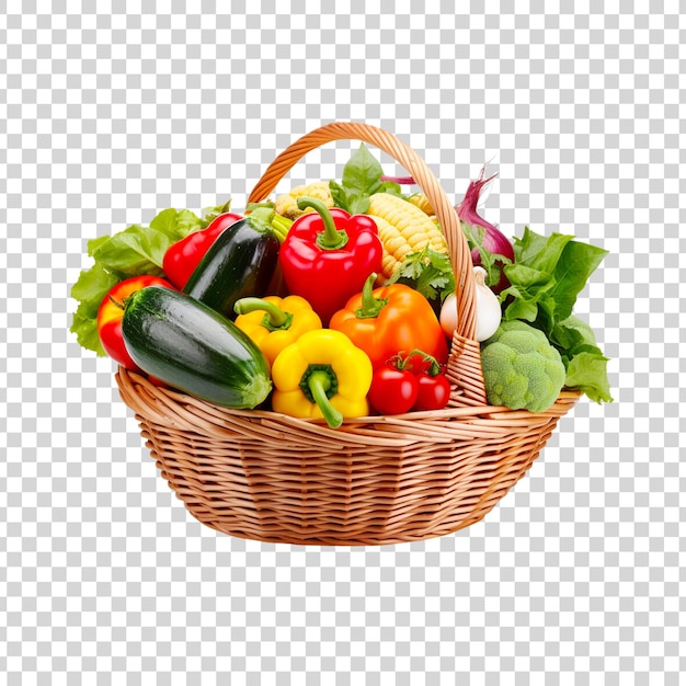Un cesto pieno di generi alimentari e verdure isolato su uno sfondo trasparente.