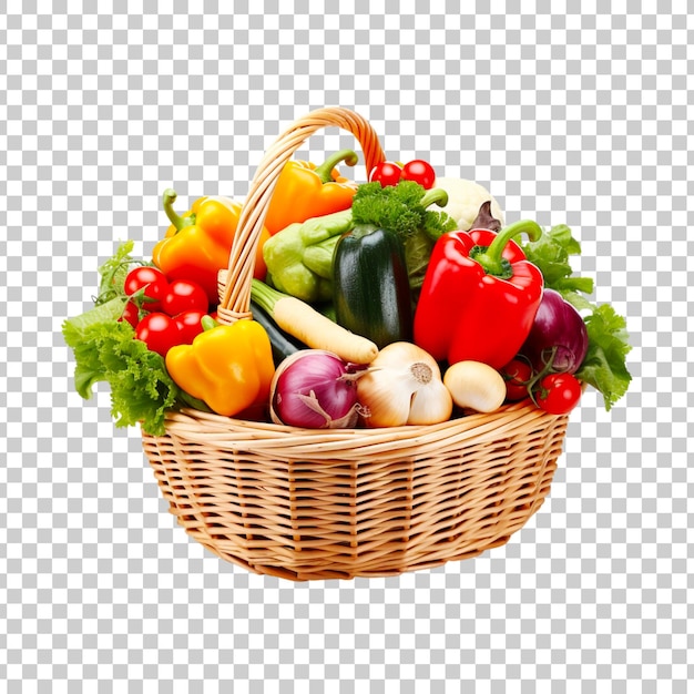 Basket full of groceries and vegetables isolated on transparent background