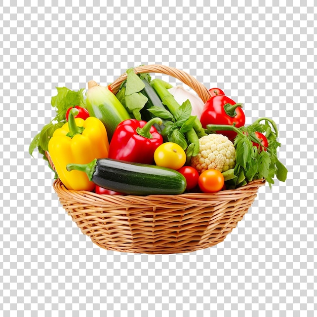 Basket full of groceries and vegetables isolated on transparent background