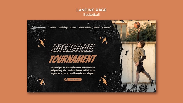 Free PSD basketball landing page template with photo