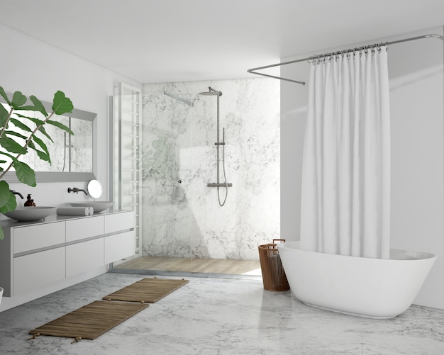 Bathtub with curtain, cupboard and shower