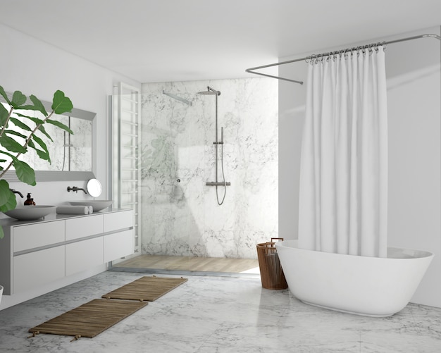 bathtub with curtain, cupboard and shower