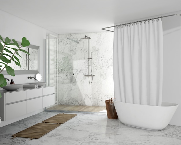 bathtub with curtain, cupboard and shower