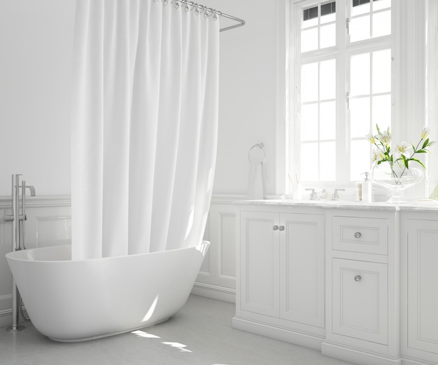 Free PSD bathtub with curtain, cupboard and window