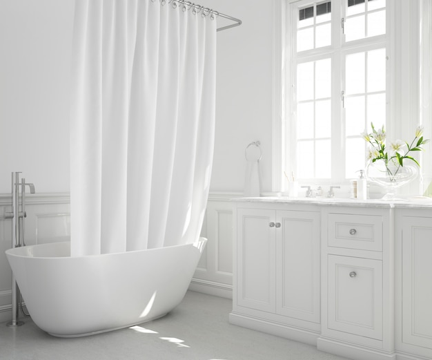 Bathtub with curtain, cupboard and window