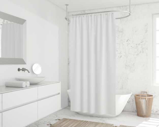 Bathtub with curtain and cupboard