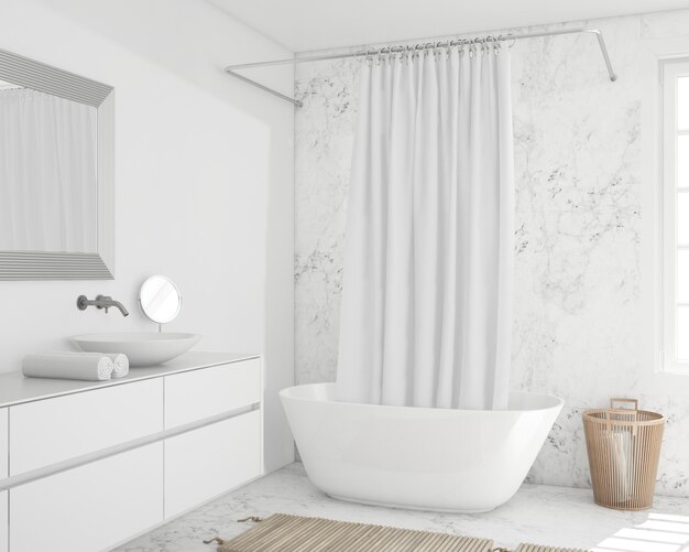 bathtub with curtain and cupboard