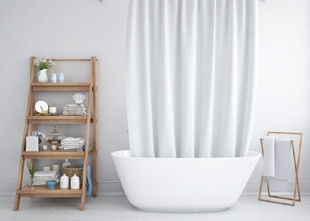 Bathtub with curtain and shelf