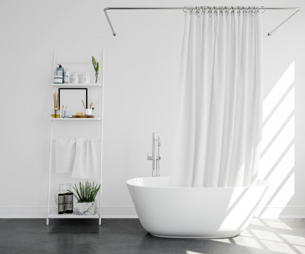 bathtub with curtain and shelf