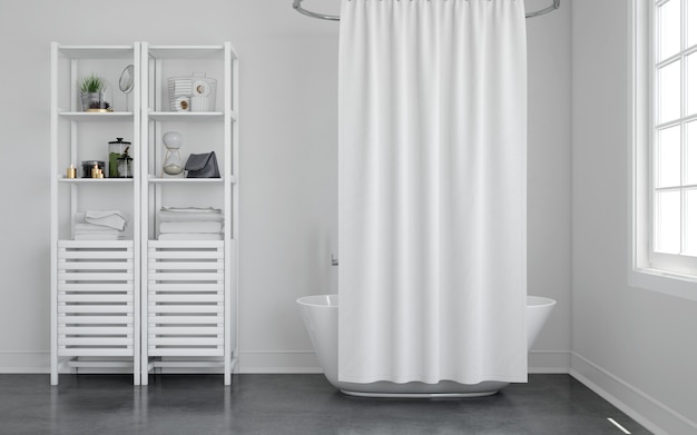 bathtub with curtain and shelf