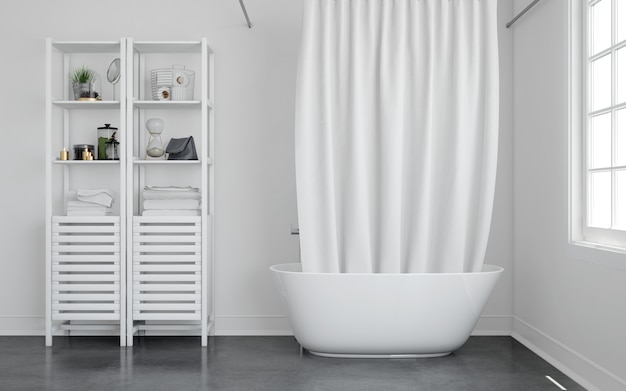 bathtub with curtain and shelf