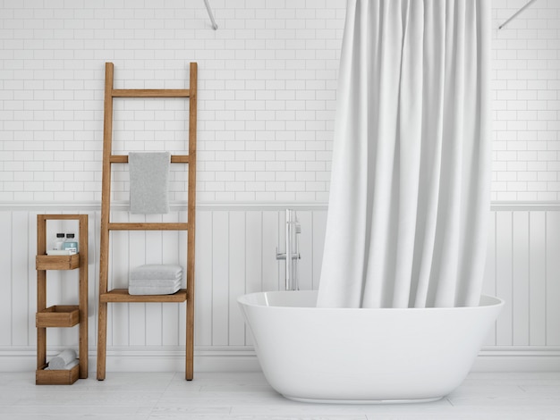 Bathtub with curtain and shelves