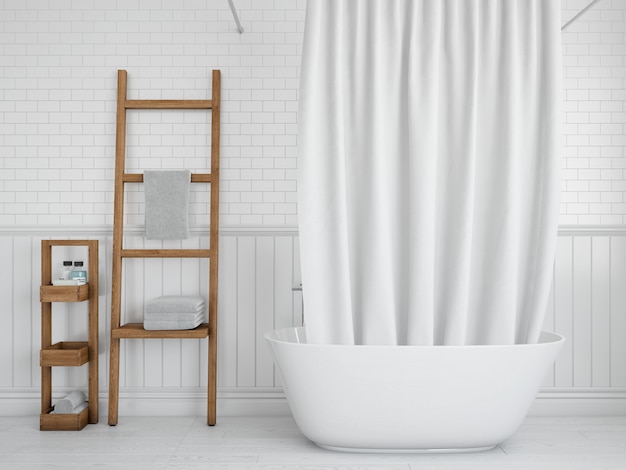 bathtub with curtain and shelves