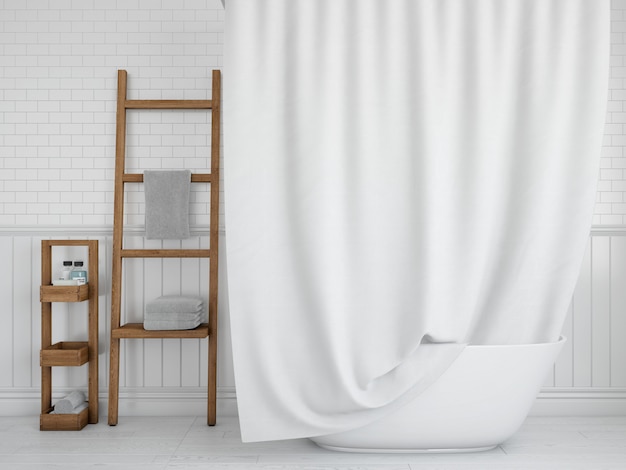 Bathtub with curtain and shelves