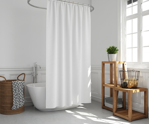 Bathtub with curtain and shelves