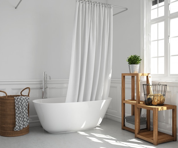 bathtub with curtain and shelves