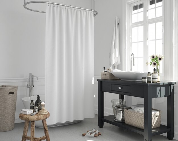 bathtub with curtain and sink on cupboard