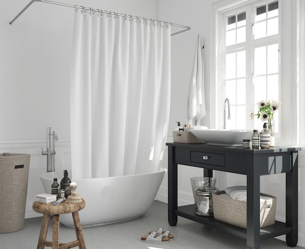 bathtub with curtain and sink on cupboard
