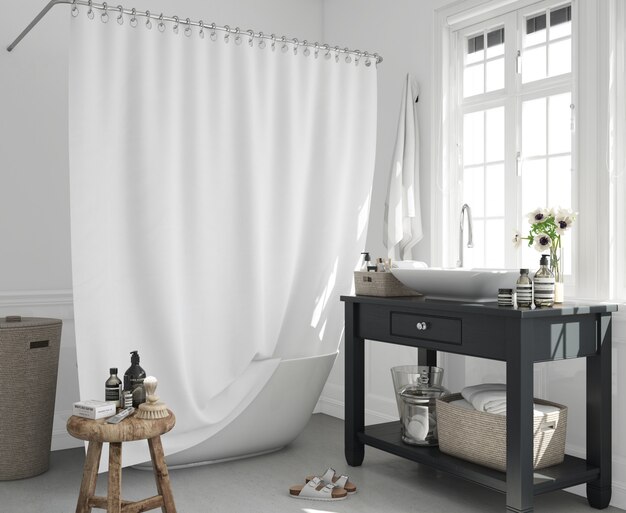 bathtub with curtain and sink on cupboard