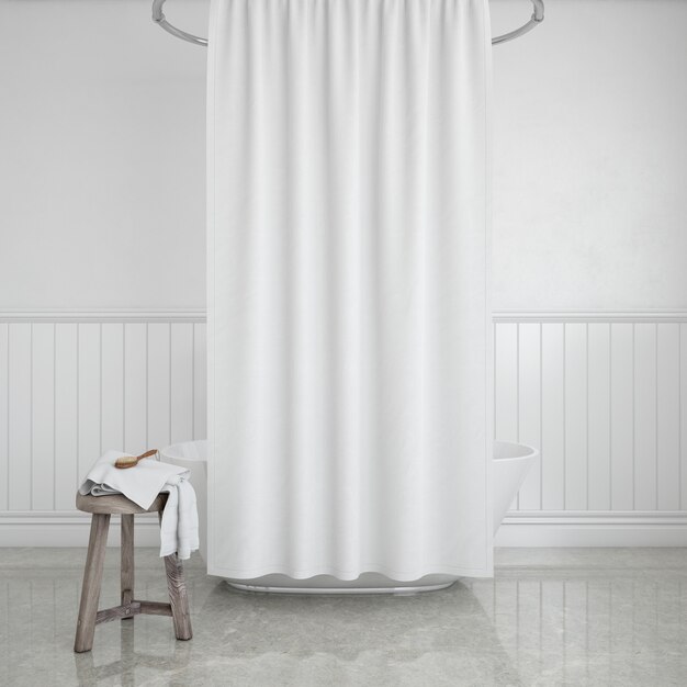 bathtub with curtain and stool with towel