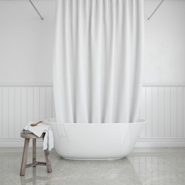 bathtub with curtain and stool with towel