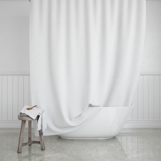 bathtub with curtain and stool with towel