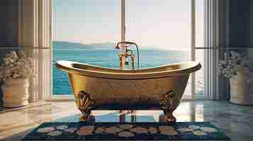 Бесплатный PSD Ванна с золотой вазой и полотенцем с видом на море generative ai